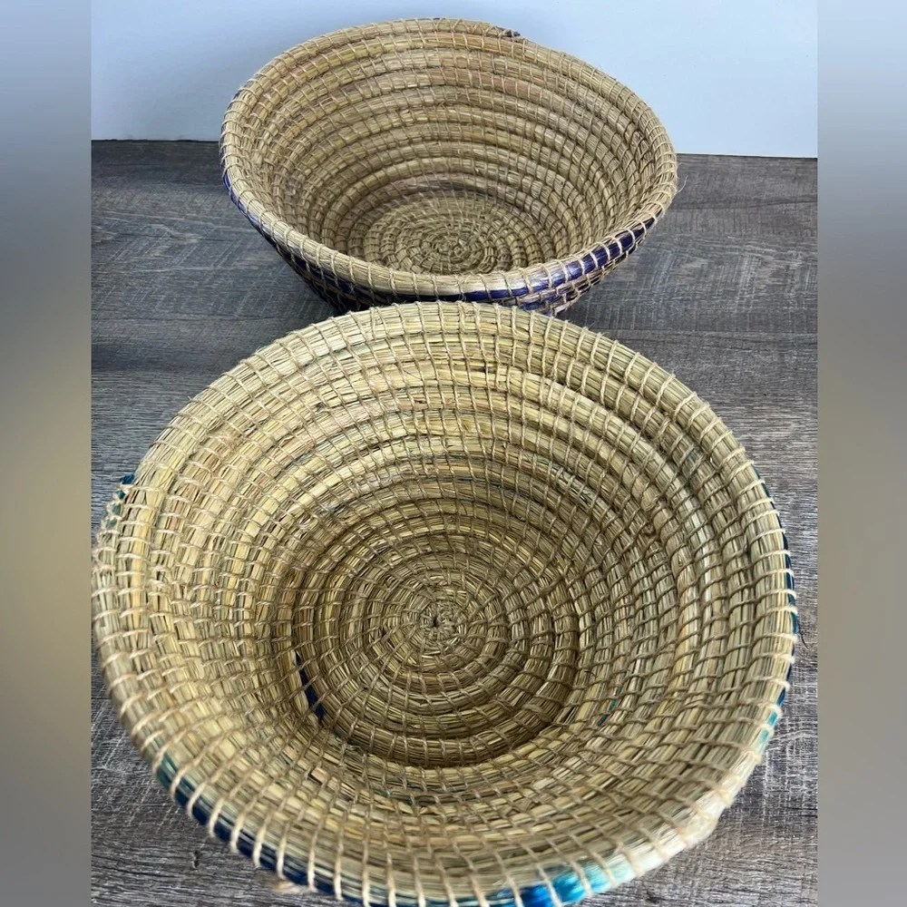 Woven baskets big 12” decor storage Boho coastal home set of two‎ blue